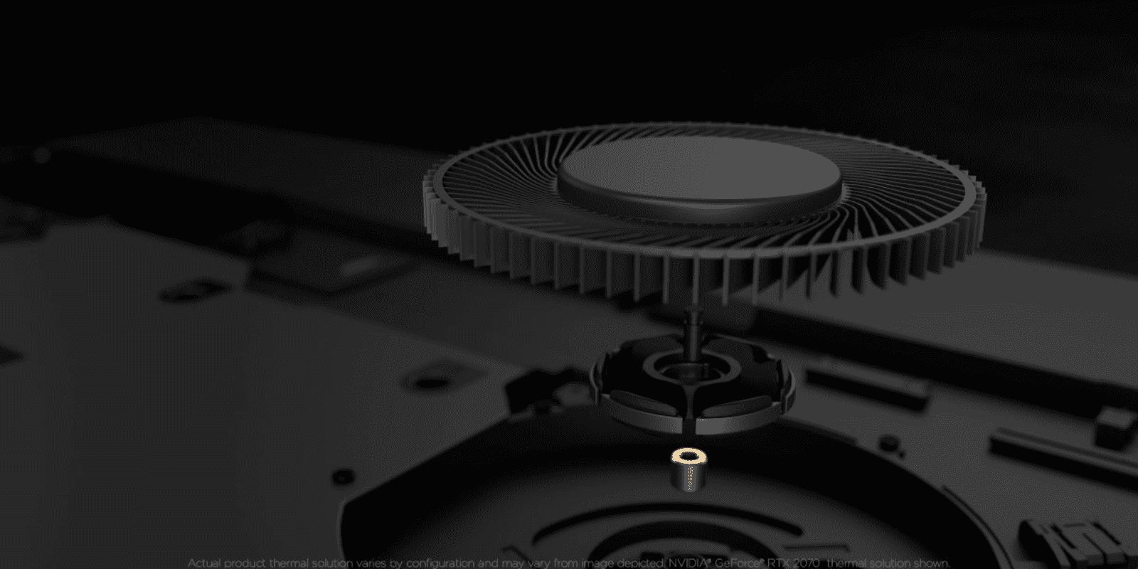 Close-up of a graphics card cooling fan with intricate blades, highlighting the thermal solution of an NVIDIA GeForce RTX 2070 GPU on a dark background.